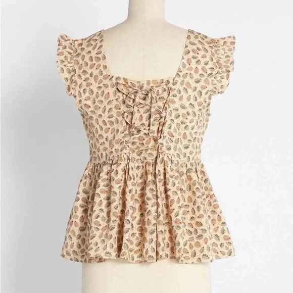 Mod Cloth Molly Bracken Size Large Cream Gold Foil Ruffle Fall V-Neck Blouse - Picture 2 of 12